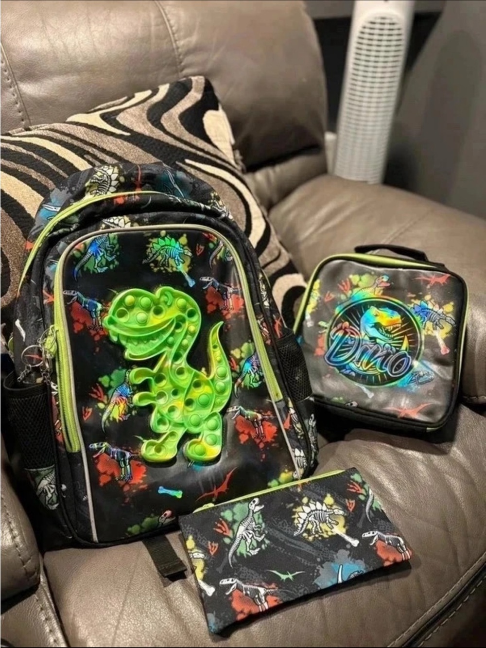 Kids Dino Pop-It Backpack Set in Black and Green
